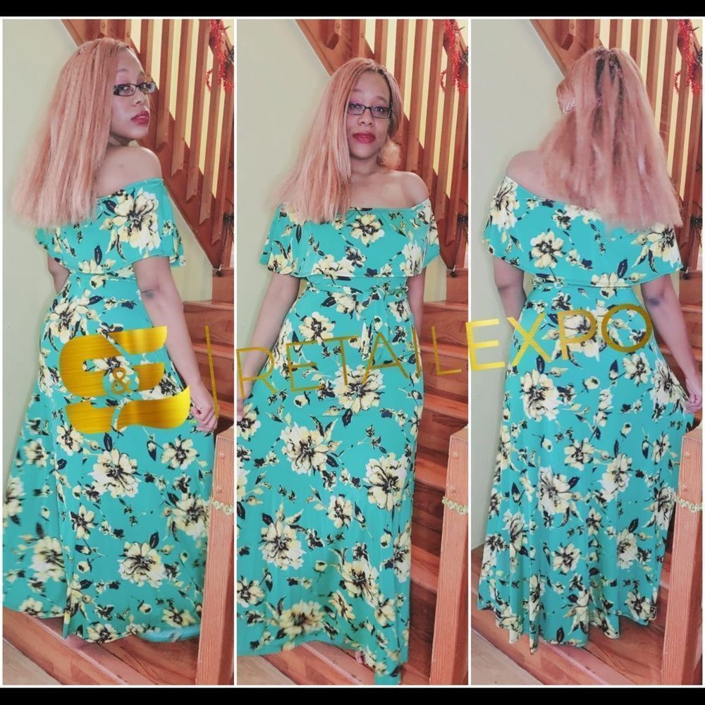 COPY - Green & Sunflower Off Shoulder Maxi Dress